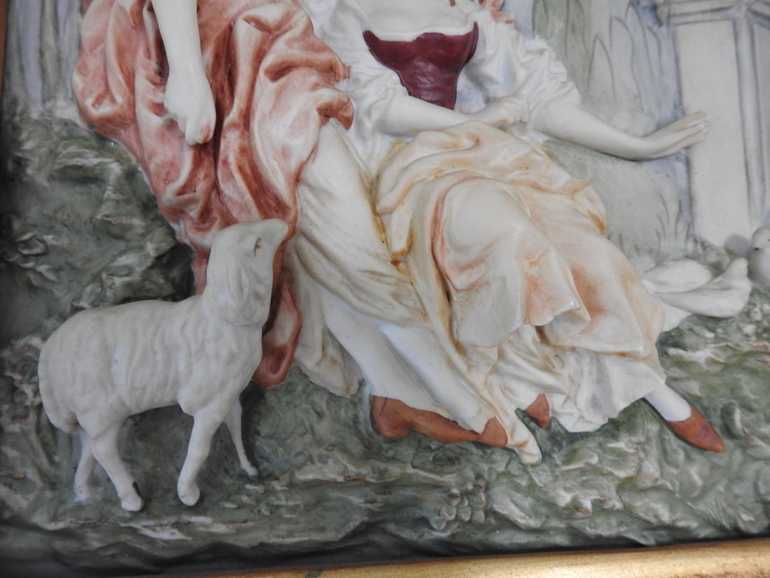 Andrea by Sadek Victorian Courtyard Porcelain Plaque in Gilt Frame - 3