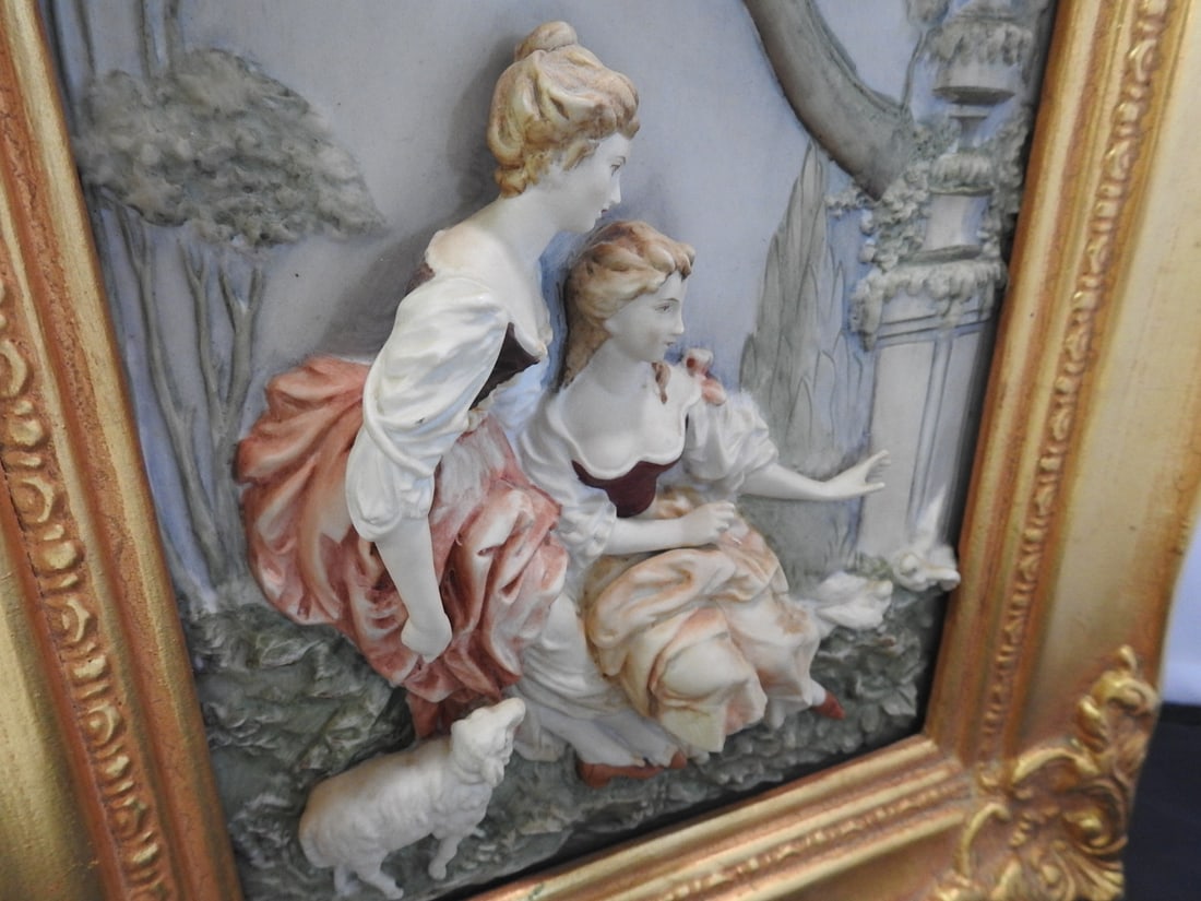Andrea by Sadek Victorian Courtyard Porcelain Plaque in Gilt Frame - 4