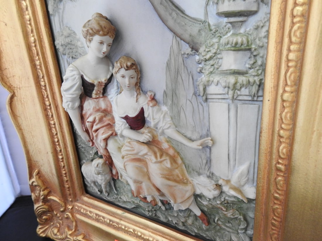 Andrea by Sadek Victorian Courtyard Porcelain Plaque in Gilt Frame - 5