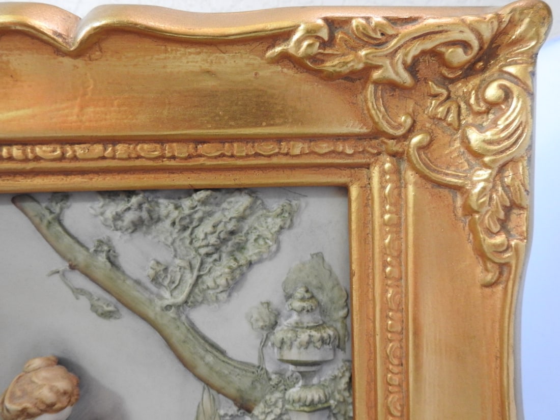 Andrea by Sadek Victorian Courtyard Porcelain Plaque in Gilt Frame - 6