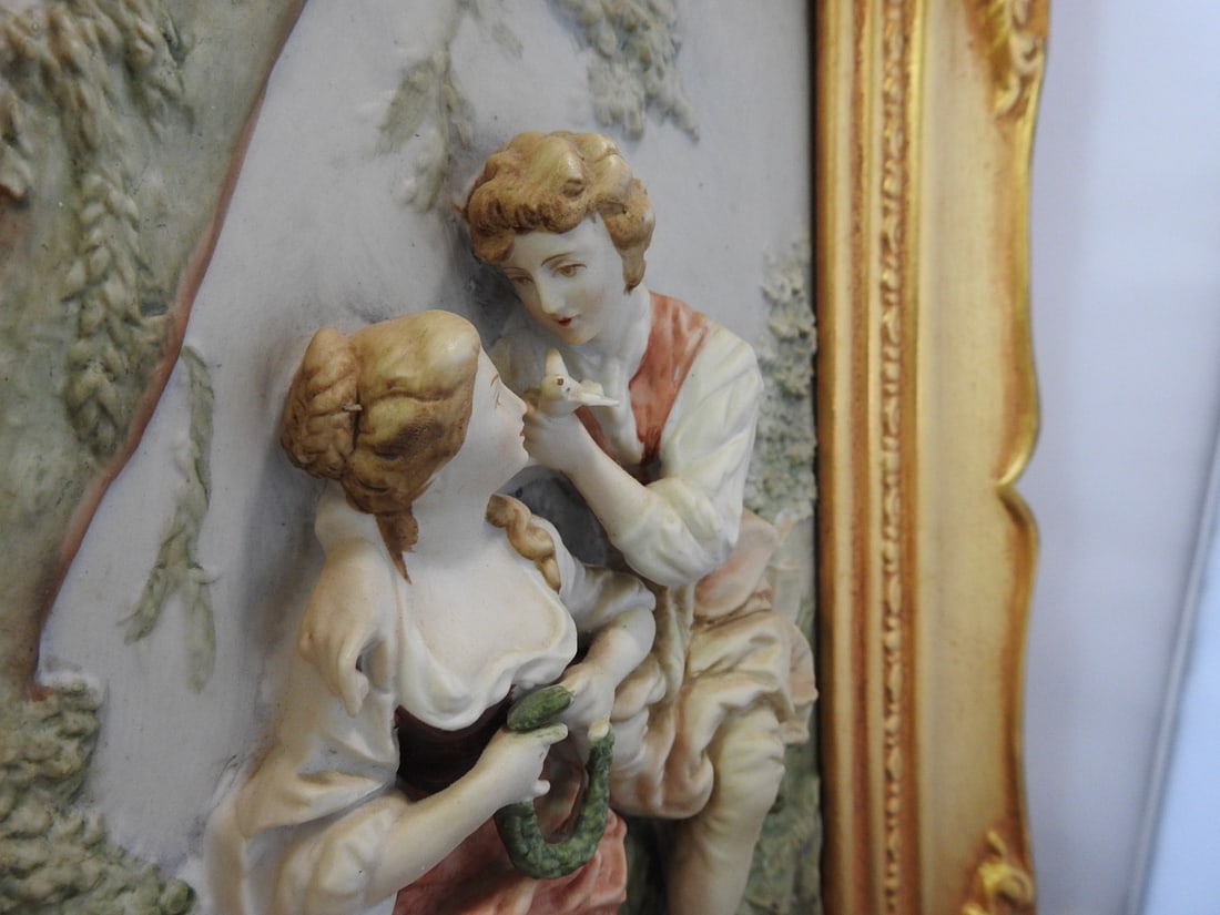 Andrea by Sadek Victorian Courtyard Porcelain Plaque in Gilt Frame - 2