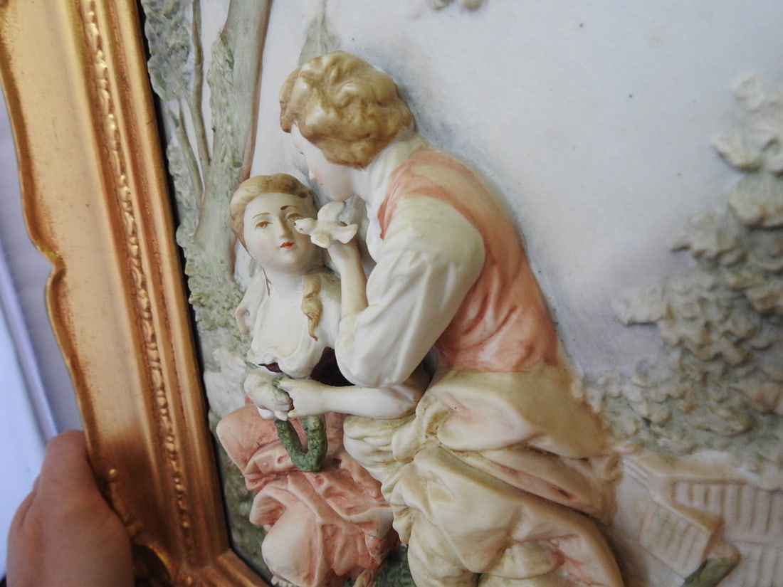Andrea by Sadek Victorian Courtyard Porcelain Plaque in Gilt Frame - 3