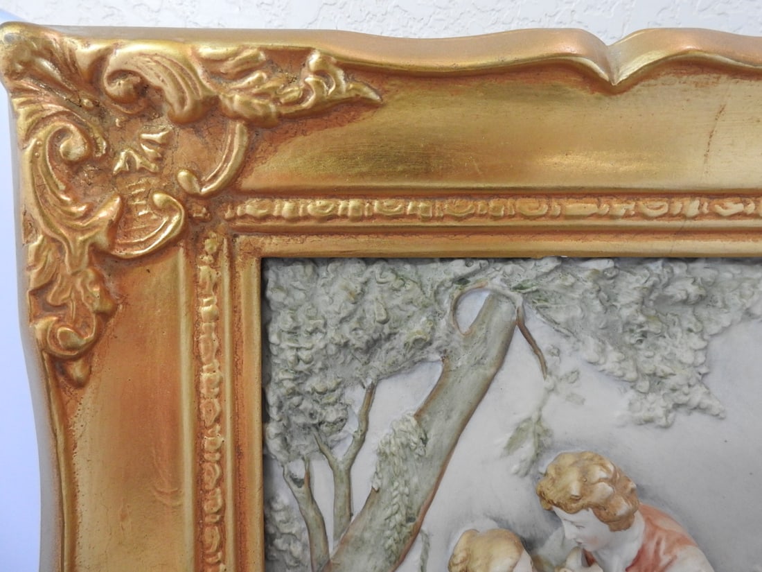 Andrea by Sadek Victorian Courtyard Porcelain Plaque in Gilt Frame - 5