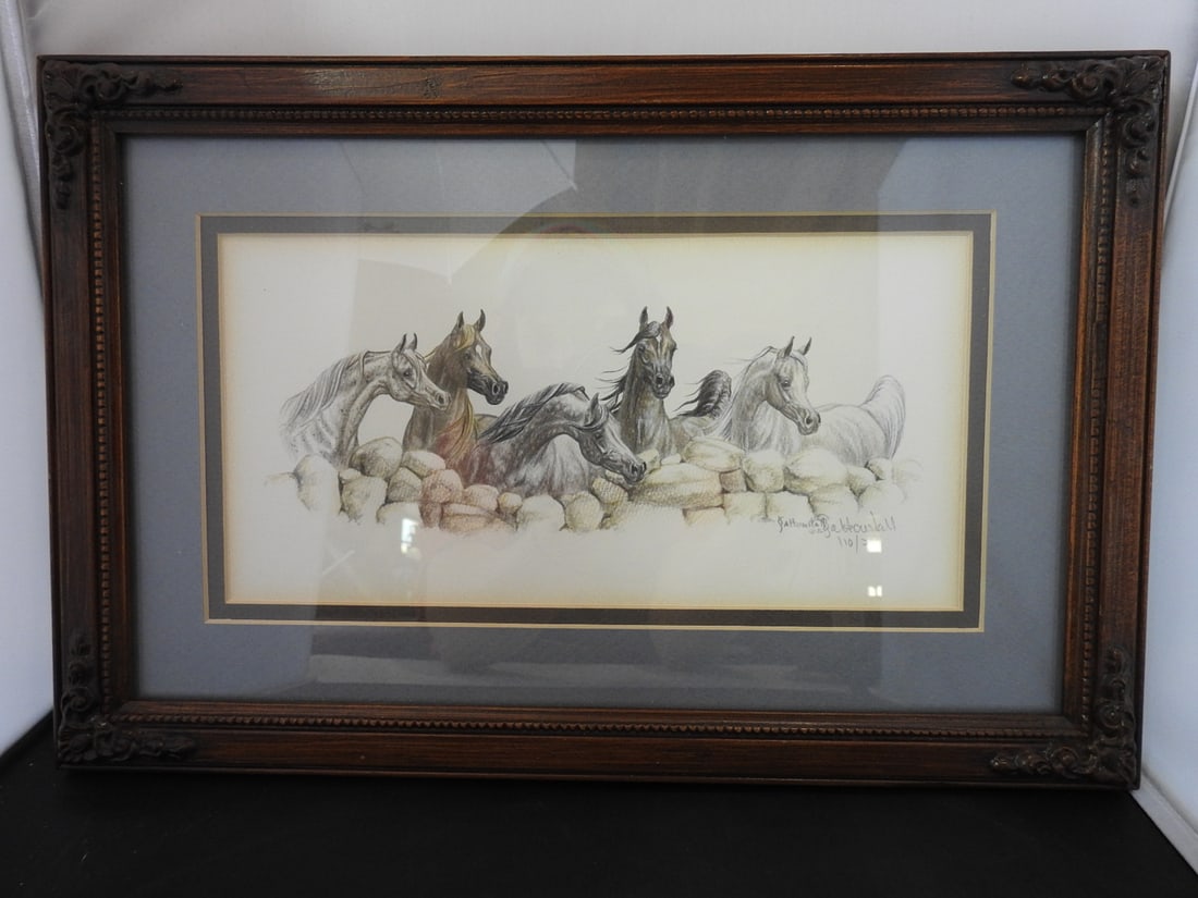 Sandy Saltonstall Arabian Horses Limited Edition Print 110/200: Framed limited edition Arabian horses print by Sandy Saltonstall, pencil signed and numbered 110/200. Approx. 1.5 x 9.5 x 14.75 in.