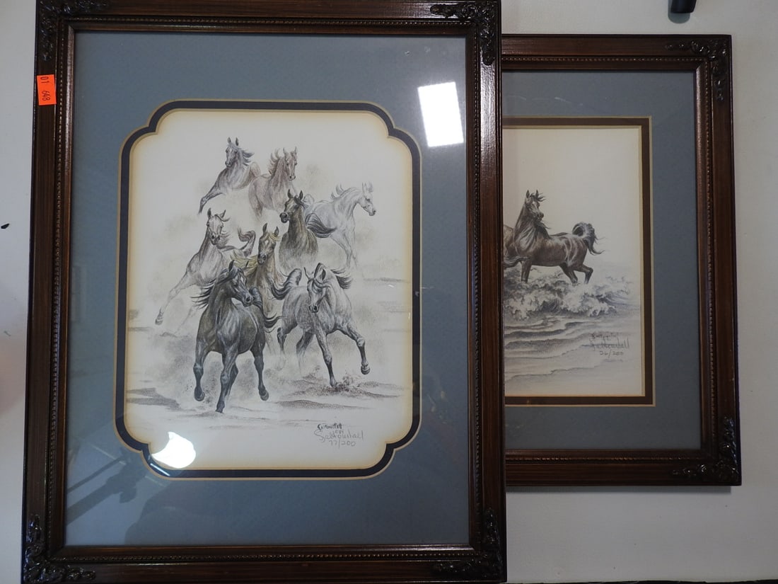 Set of 2 Sandy Saltonstall Framed Horse Limited Edition Prints: Set of two framed limited edition horse prints by Sandy Saltonstall, pencil signed and numbered 77/200 and 26/200 per notes. Measured as a set. Approx. 2 x 16 x 13 in.