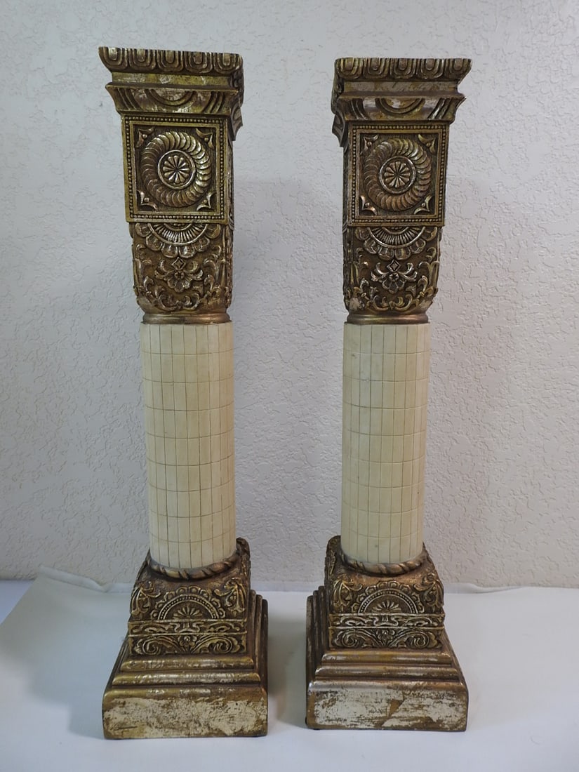 Pair of Roman Style Faux Bronze Pillar Candlesticks - 2