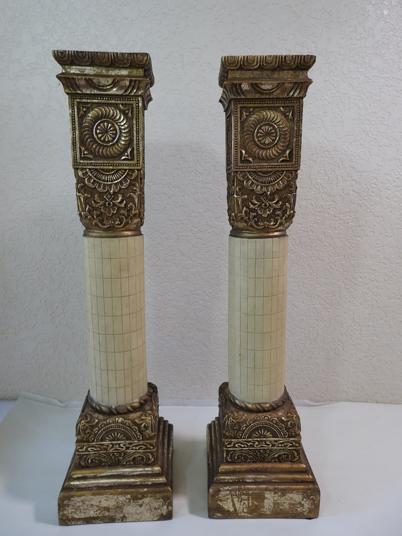 Pair of Roman Style Faux Bronze Pillar Candlesticks - 3