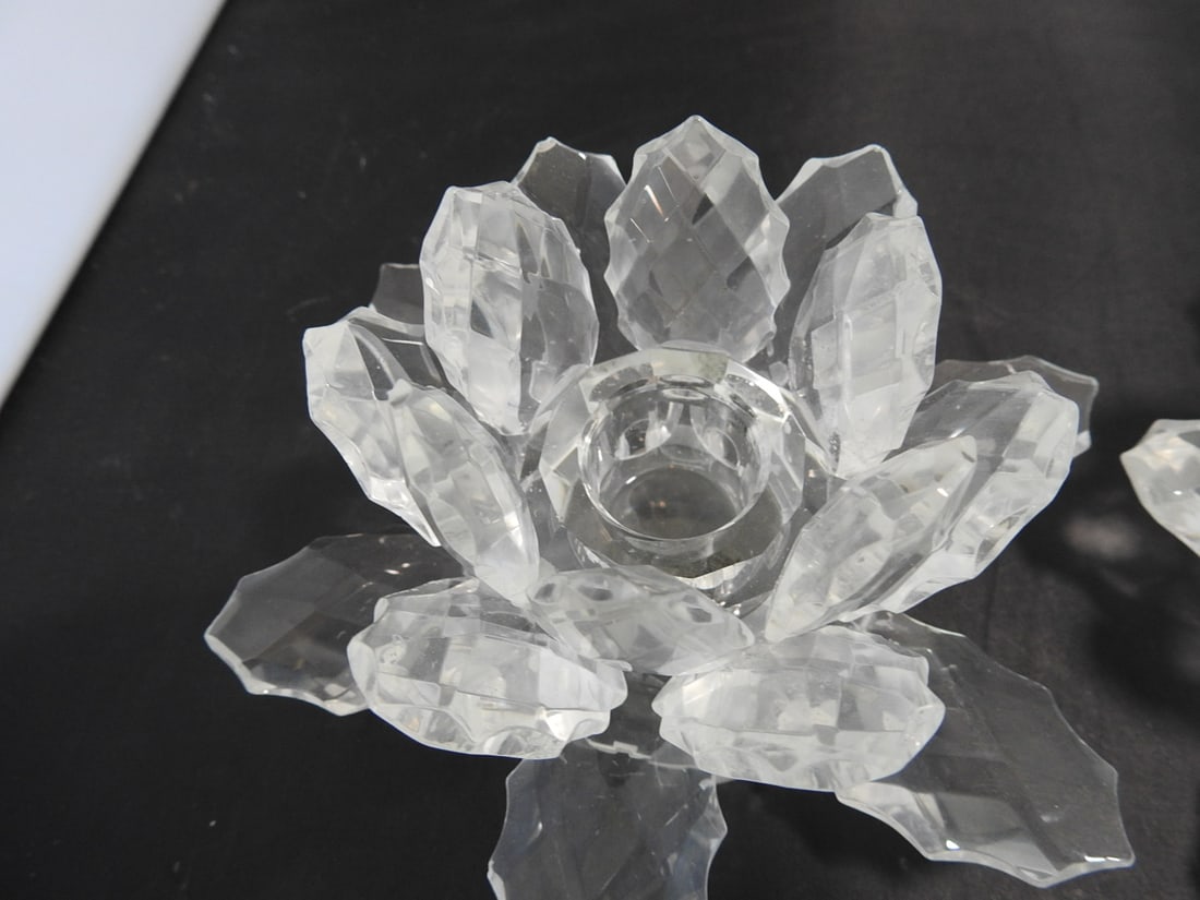 Set of 2 Lead Crystal Lotus Flower Candle Holders - 3