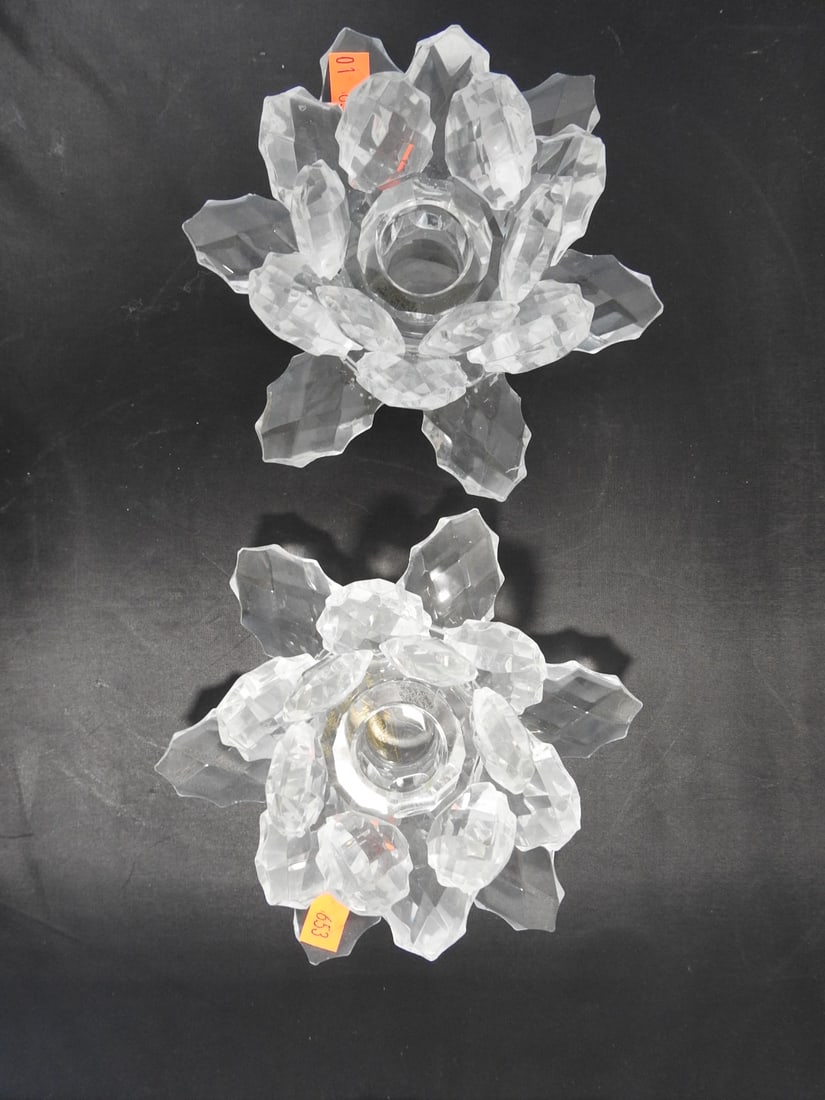 Set of 2 Lead Crystal Lotus Flower Candle Holders - 5