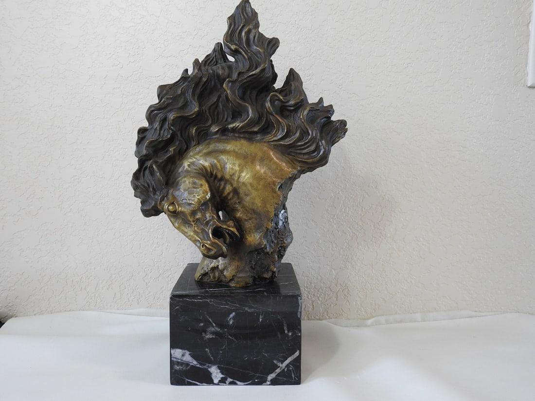 Stylized Brass Horse Head Statue on Marble Base: Stylized mythical horse head statue in solid brass on marble base, signed Wu Yao Hui. Approx. 17 x 10 x 5.5 in.