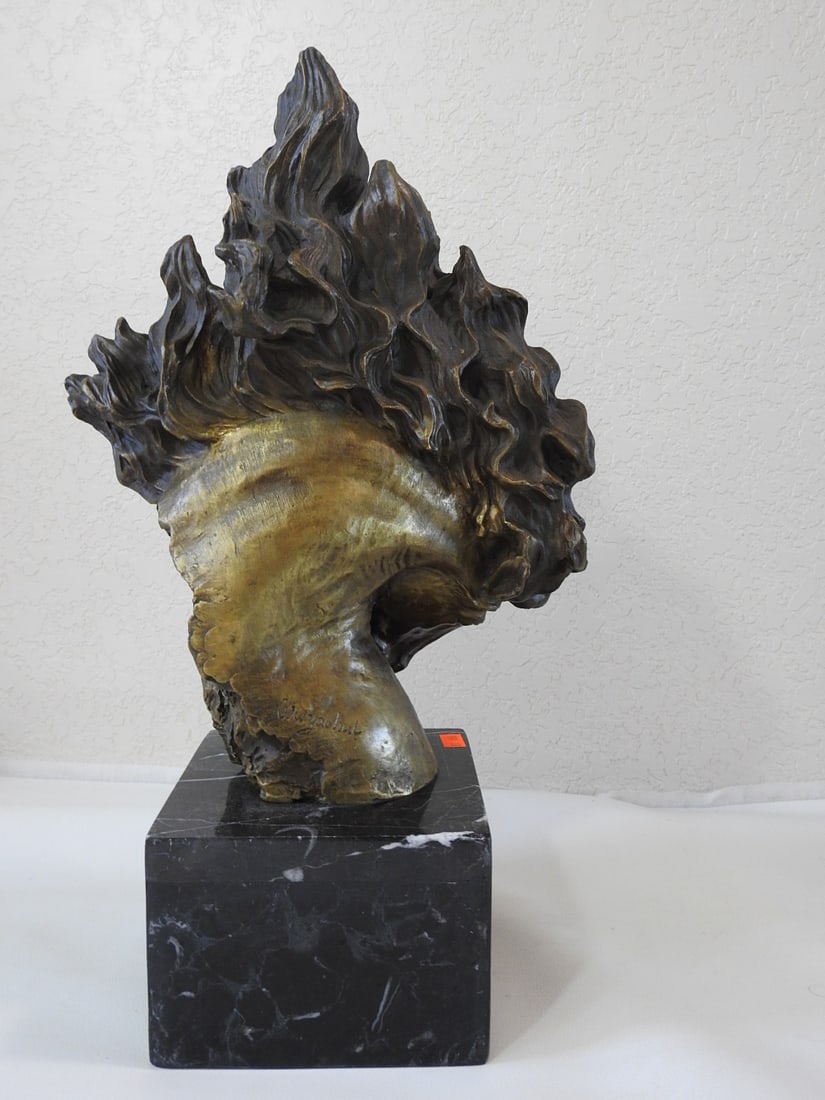 Stylized Brass Horse Head Statue on Marble Base - 4