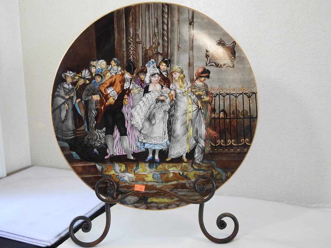 Antique French Creil et Montereau Hand-Painted Ceramic Plaque: Antique French Creil et Montereau large hand-painted ceramic plaque with figural interior scene and black metal display stand. Approx. 20 x 17.75 x 2.5 in.