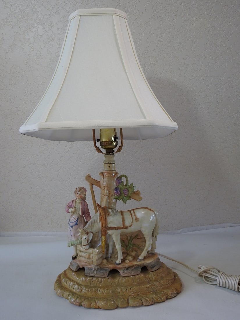 Vintage Hand-Painted German Porcelain Lamp: Vintage hand-painted German porcelain / bisque lamp with classic fabric shade. Marked Germany #15554. Approx. 21 x 12 x 5.5 in.