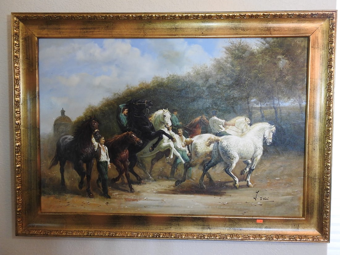 Framed The Horse Fair Oil Painting: Framed oil painting after The Horse Fair subject, depicting horses and handlers in a gilt frame. Signed lower right. Approx. 30 x 42 x 2 in.