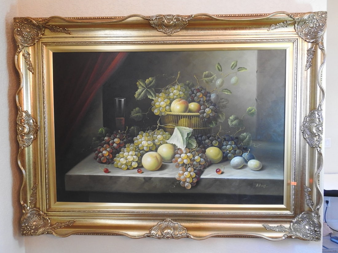 Large Framed Still Life Painting: Large framed still life painting depicting fruit, flowers, and tabletop objects in an ornate gilt frame. Approx. 34 x 46 x 3 in.