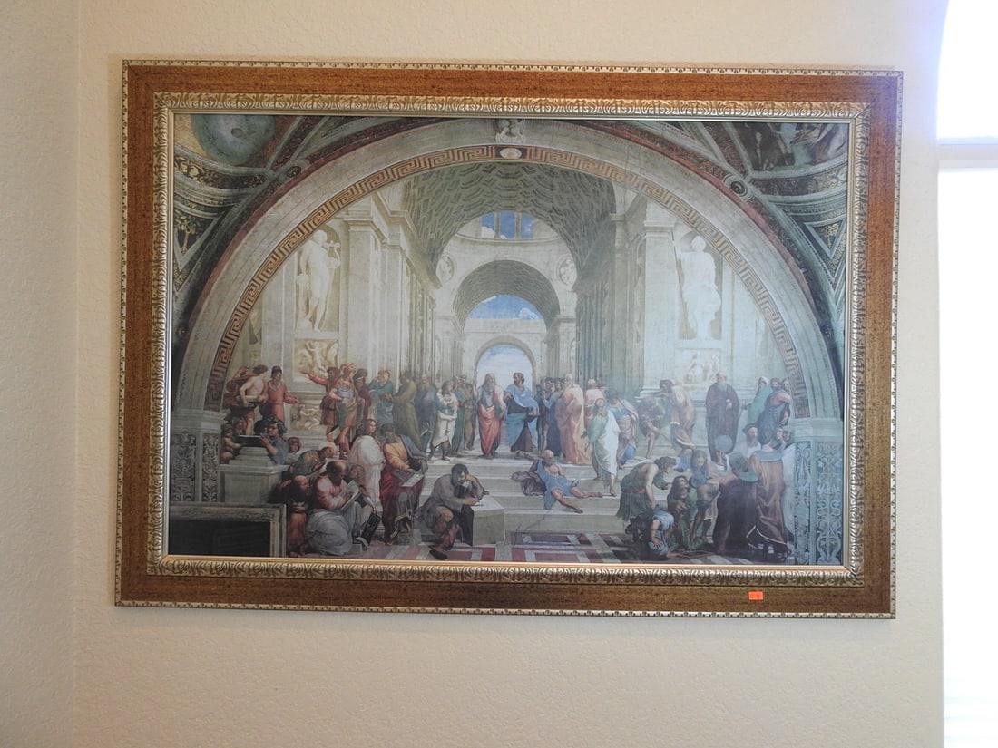 Framed “School of Athens" Reprint: Framed reprint of “The School of Athens” with decorative gilt frame. Approx. 32.25 x 46 x 2 in.