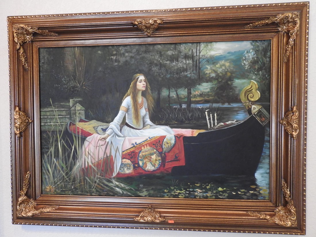 Framed The Lady of Shalott Oil Painting: Framed oil painting depicting “The Lady of Shalott” subject in an ornate gilt frame. Approx. 34 x 45 x 3 in.
