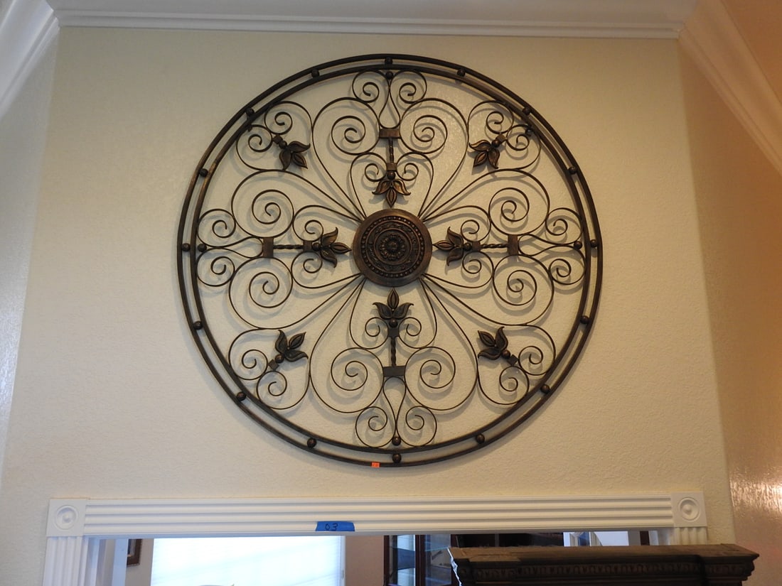 Touch of Class Ravenna Round Metal Wall Grille: Touch of Class Ravenna round metal wall grille in antique bronze finish with ornate scrollwork and central medallion. Approx. 47.5 x 47.5 x 1 in.