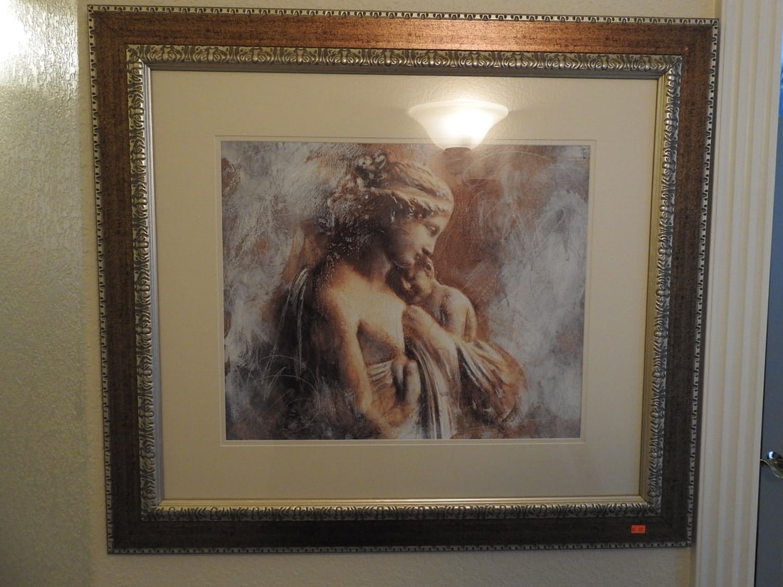 Mother and Child Framed Reprint: Framed “Mother and Child” reprint in decorative frame with mat. Approx. 29 x 33 x 2 in.