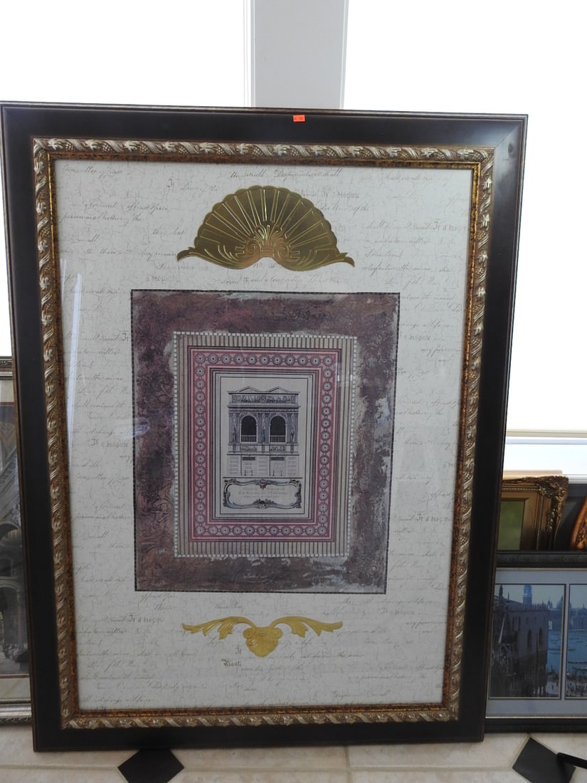 Neoclassical Framed Etching Reprint: Neoclassical framed etching / print with decorative mat, shell motif, and patterned frame. Approx. 51 x 37.5 x 2 in.