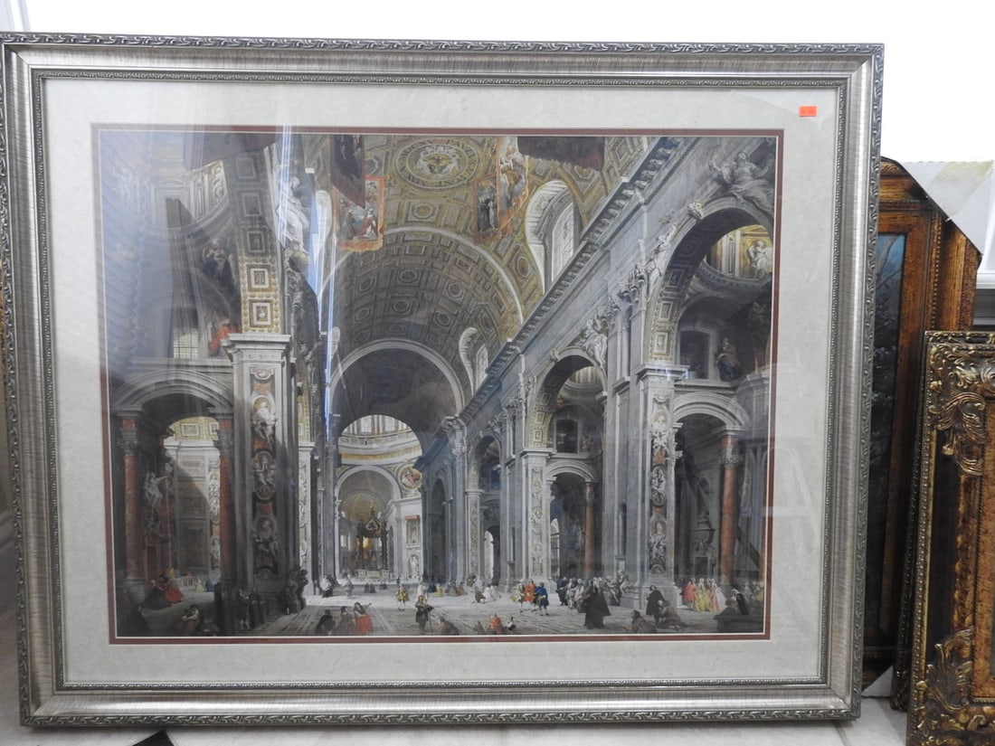 Interior of St. Peter's, Rome Framed Reprint: Framed reprint after Giovanni Panini depicting the interior of St. Peter's, Rome, in a silver-tone frame. Approx. 32 x 39.5 x 1.75 in.