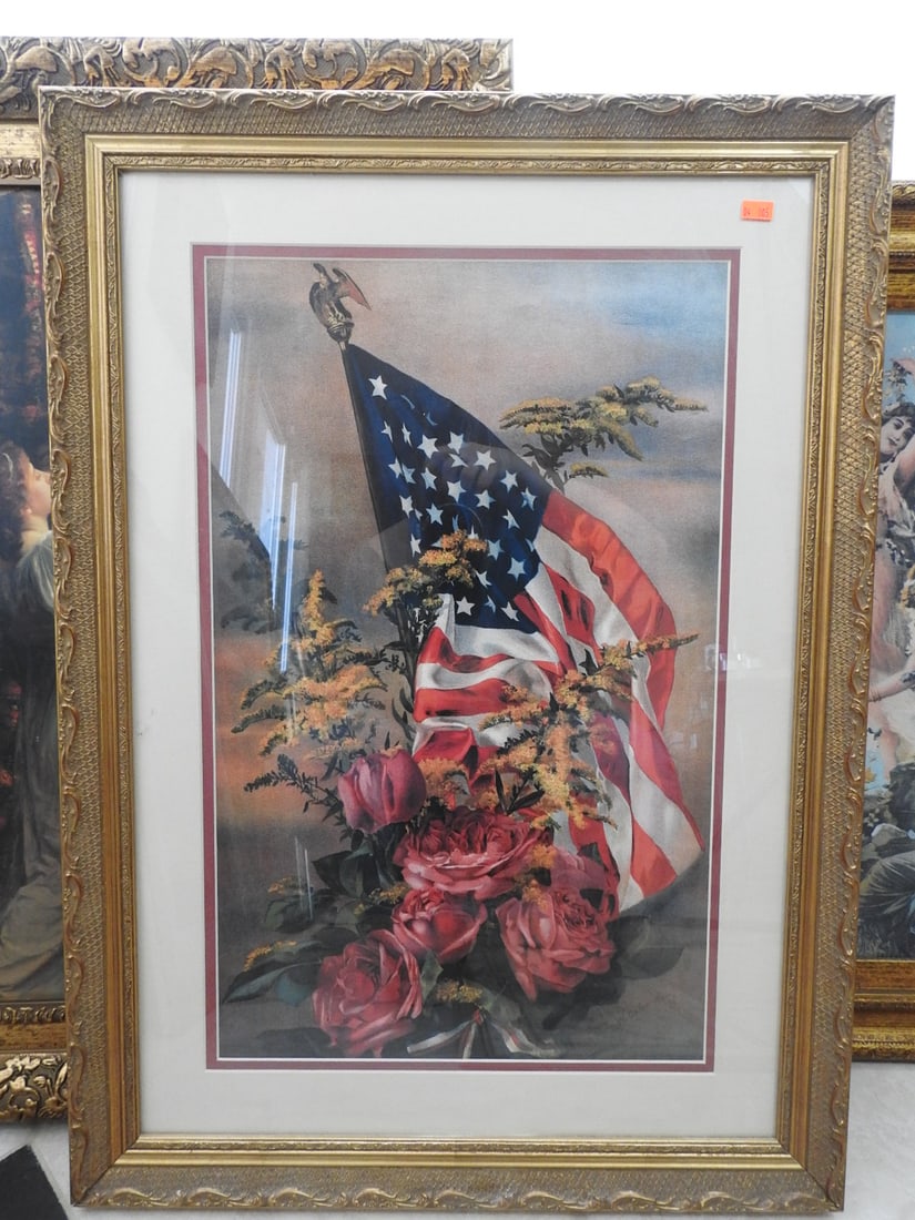 America Flag and Flowers Framed Reprint by W. Ofstrander: Framed reprint titled America Flag and Flowers by W. Ofstrander. Approx. 29 x 21 x 1.5 in.