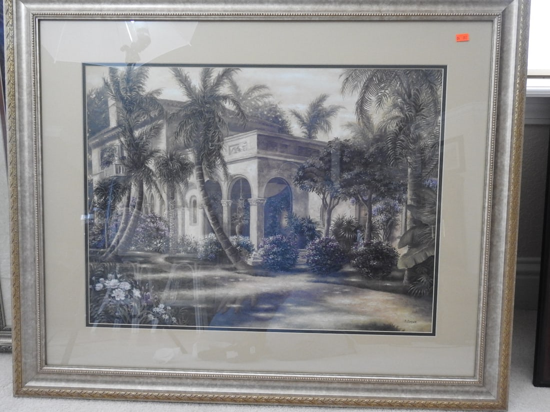 Tropical Estate Framed Reprint by B. Brown: Framed Tropical Estate reprint by B. Brown in a silver-tone frame. Approx. 28 x 34 x 1 in.