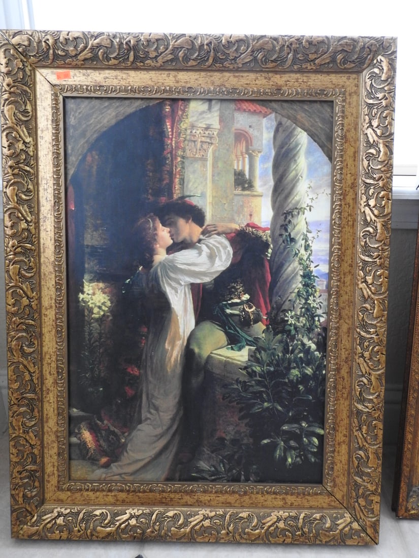 Romeo and Juliet Framed Reprint: Framed Romeo and Juliet reprint in ornate gilt frame. Frame is gapped and wobbly as noted. Approx. 29.5 x 22 x 2 in.