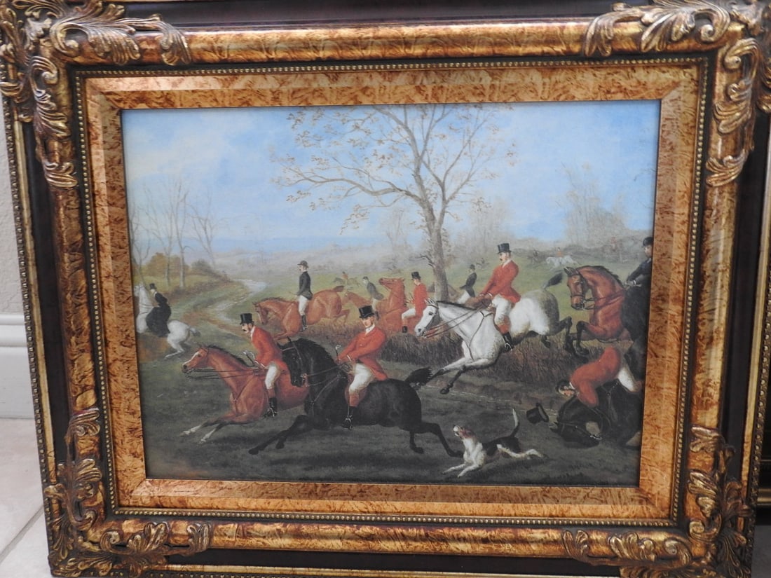 The Chase Framed Reprint by E. Benjamin: Framed The Chase reprint by E. Benjamin in decorative gilt frame. Approx. 18 x 23.5 x 2.25 in.