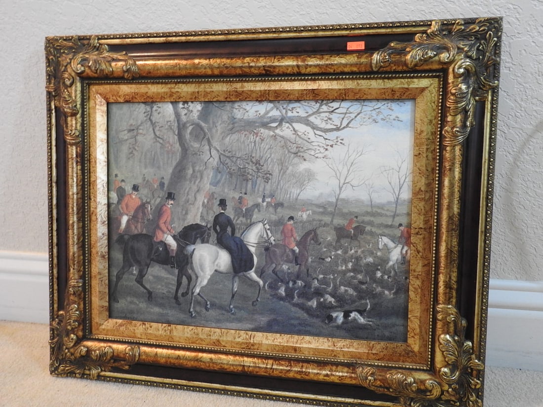 E. Benjamin Framed Equestrian Reprint: Framed E. Benjamin equestrian reprint in decorative gilt frame. Approx. 18 x 23.5 x 2.25 in.