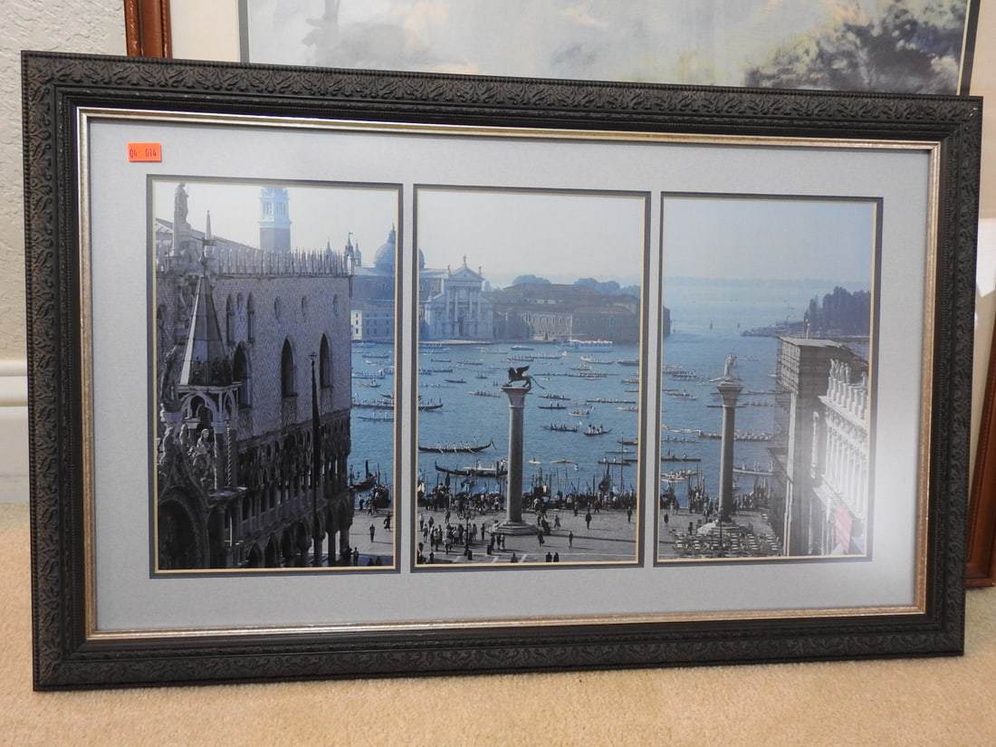 Panoramic Venice Framed Reprint: Panoramic Venice framed reprint with three-view composition in decorative frame. Approx. 16 x 25 x 1 in.