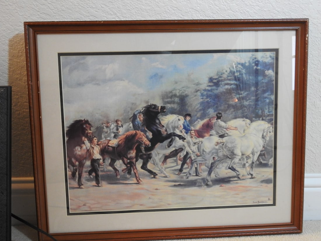 Rosa Bonheur Horse Scene Framed Reprint: Framed Rosa Bonheur horse scene reprint in wood frame. Approx. 21 x 25.75 x 1.25 in.