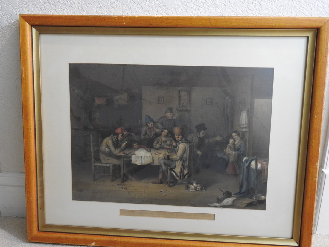 French Canadian Habitants Playing Cards Framed Reprint: Framed French Canadian Habitants Playing Cards reprint with title plate. Approx. 22 x 27 x 1.5 in.