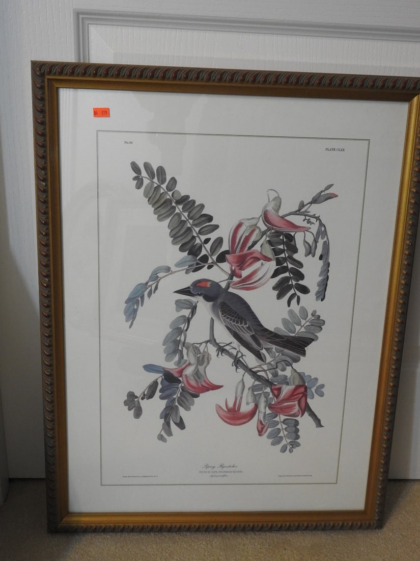 Spring Flycatcher Oval Framed Reprint: Oval framed Spring Flycatcher reprint in ornate gilt frame. Approx. 26.5 x 20 x 1.25 in.