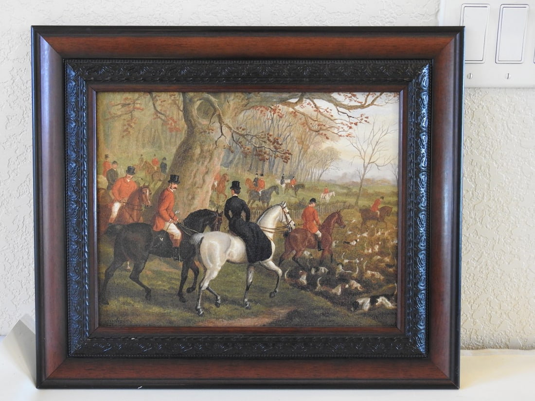 E. Benjamin Framed Equestrian Reprint: Framed E. Benjamin equestrian scene reprint in dark wood frame. Approx. 16.75 x 19.5 x 1.756 in.