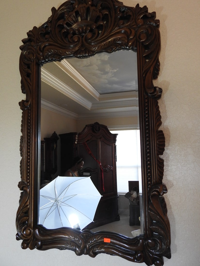 Rococo Style Mahogany Wall Mirror: Rococo style mahogany wall mirror with heavily carved scroll, floral, and shell decoration. Approx. 38.25 x 23 x 1.5 in.
