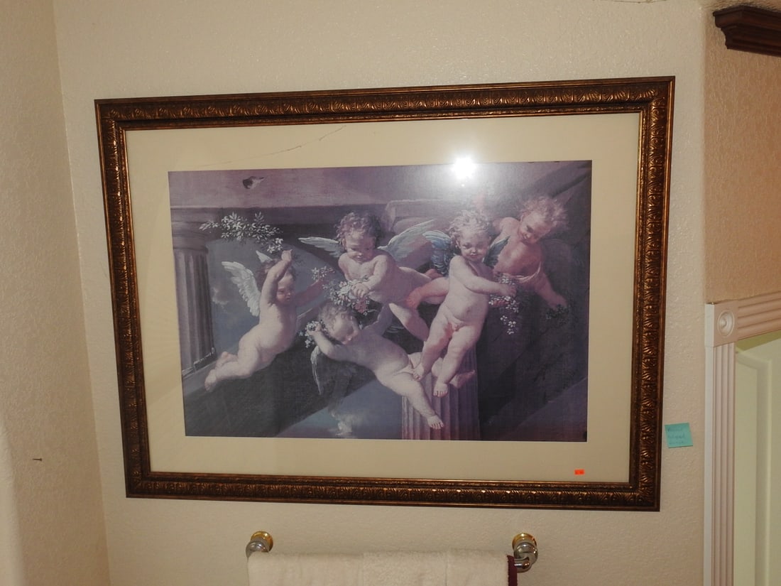 Baroque Revival Framed Classical Figural Print: Large Baroque Revival / Rococo style framed print depicting a classical romantic figural scene in a bronze-tone ornate frame. Decorative wall art with antique-inspired styling. Approx. 36 x 47.5 x 1.5