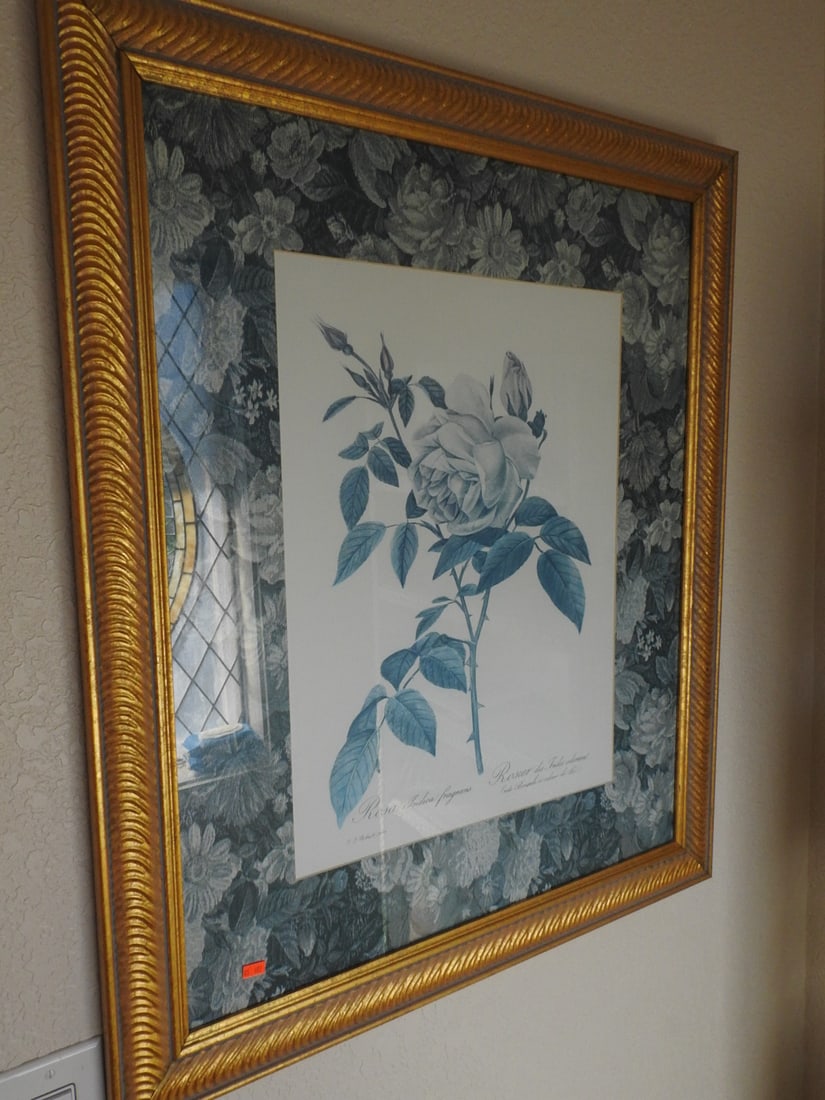 Vintage Botanical Framed Print: Vintage botanical framed print with blue-green matting and gilt-tone frame, reproduction of an antique-style leaf study. Approx. 35 x 28.5 x 1.5 in.