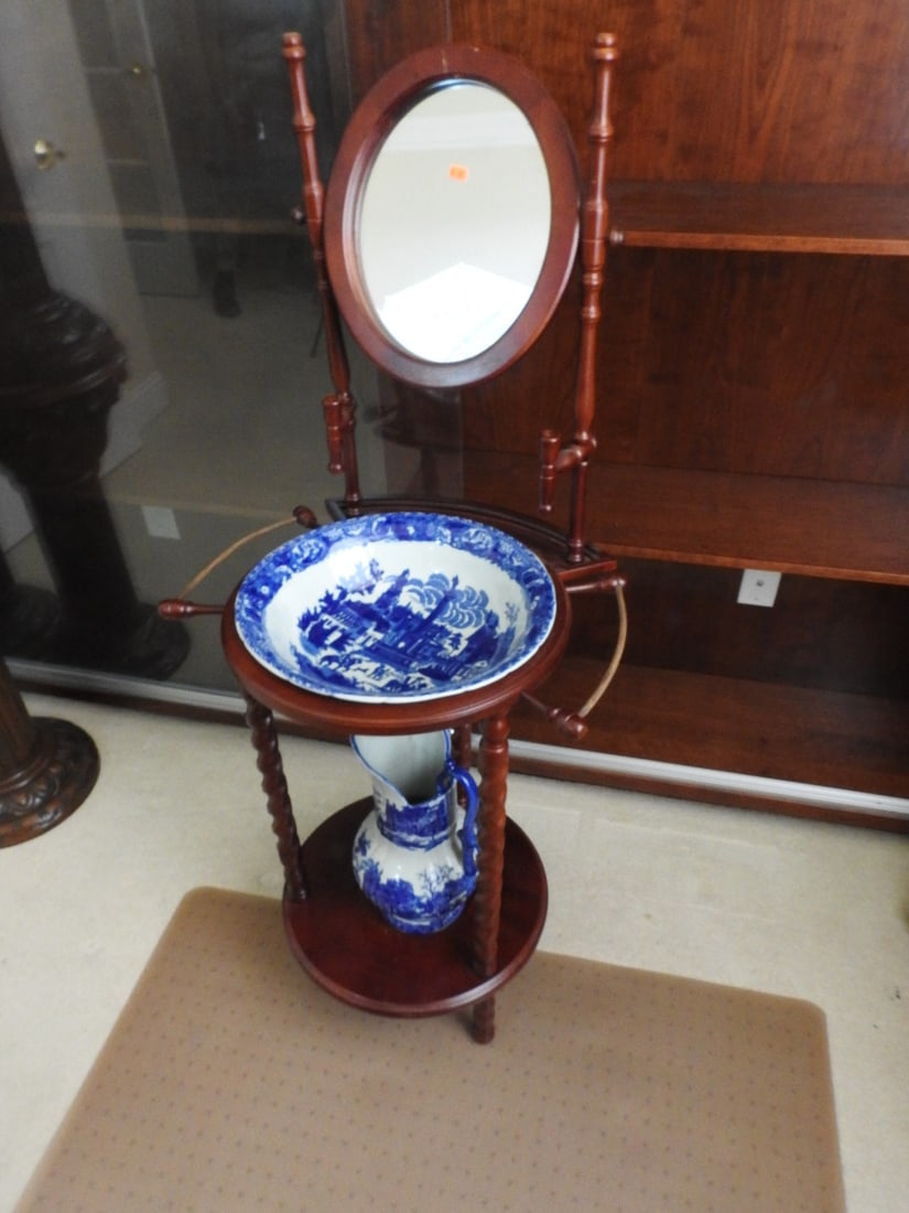 Victorian Style Cherry Wood Wash Stand with Blue Willow Bowl - 2