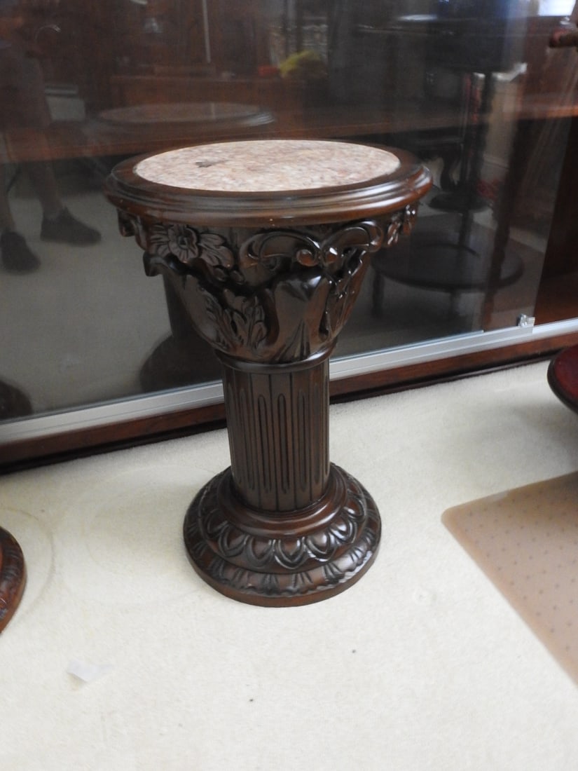 Breccia Pernice Marble Top Plant Stand Column: Single Breccia Pernice marble top plant stand column with carved-style base and fluted support. Approx. 24.5 x 16.5 x 16.5 in.