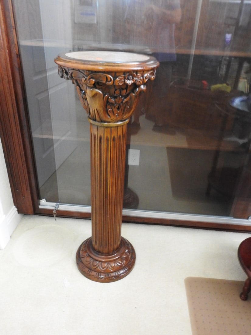 Tall Breccia Pernice Marble Top Plant Stand Column: Tall Breccia Pernice marble top plant stand column with carved-style base and fluted support. Approx. 42 x 16.5 x 16.5 in.