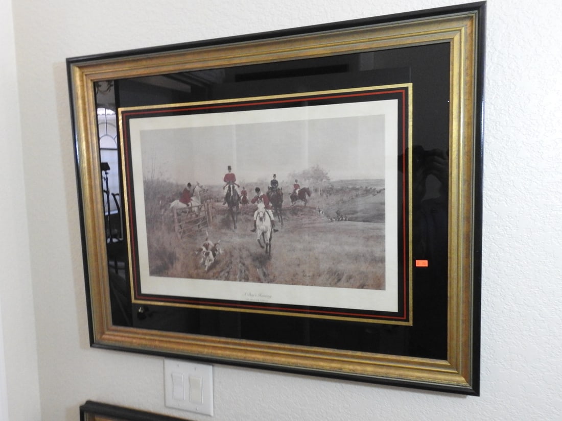T. Blinks 1907 Fox Hunt Framed Reprint: Framed fox hunting scene reprint after T. Blinks, dated 1907, titled “We Are In For A Gallop” per notes, with matting and dark gilt-accented frame. Approx. 27.5 x 34.5 x 2 in.