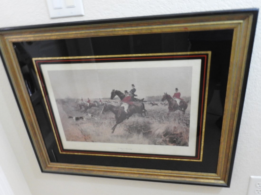 T. Blinks 1907 Fox Hunt Framed Reprint: Framed fox hunting scene reprint after T. Blinks, dated 1907, titled “A Good 40 Minutes” per notes, with matting and dark gilt-accented frame. Approx. 27.5 x 34.5 x 2 in.