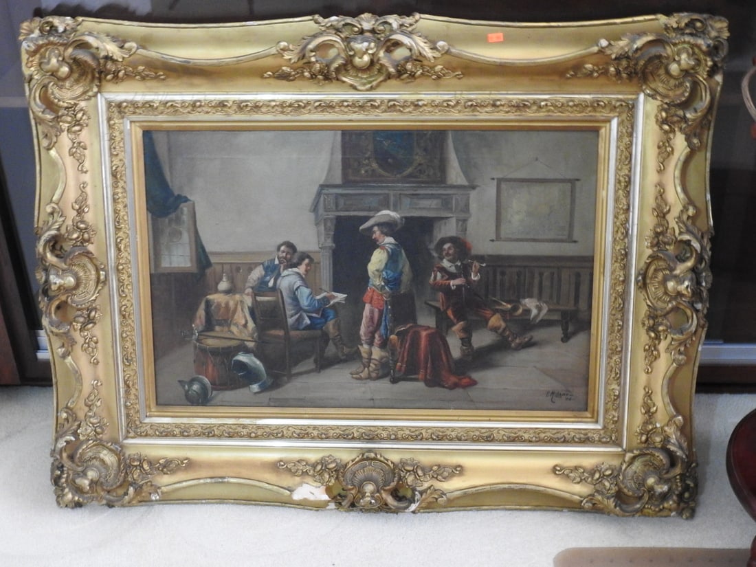 The Three Musketeers Oil on Canvas in Ornate Frame: Decorative oil on canvas titled / depicting The Three Musketeers, signed/noted T. Milano 1906, housed in an ornate antique-style frame. Approx. 32.5 x 40.5 x 4 in.
