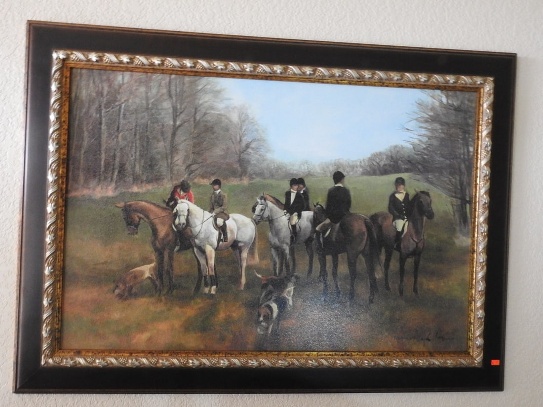 Morning in Millbrook Fox Hunt Framed Reprint: Framed reprint titled Morning in Millbrook, depicting an equestrian fox hunt scene with riders and hounds. Approx. 31 x 43 x 2 in.