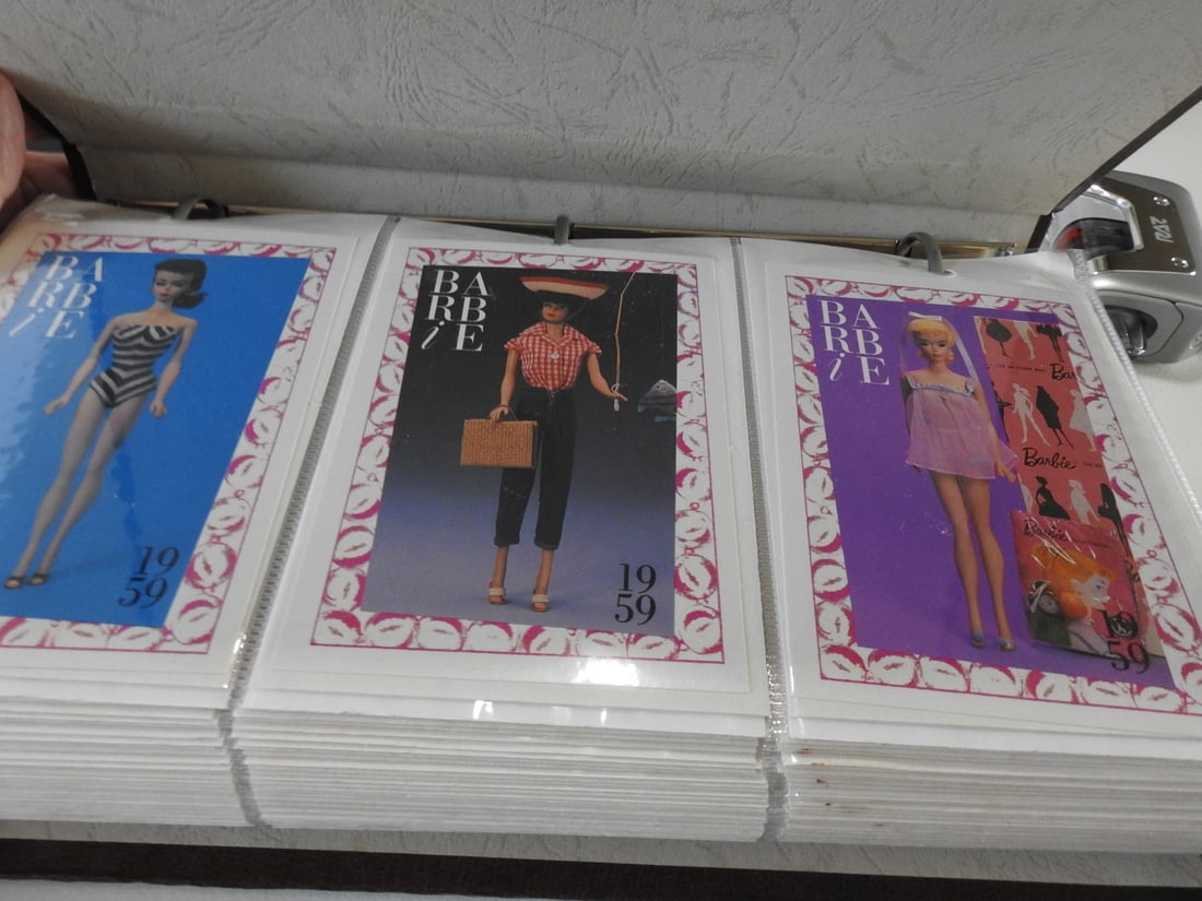Vintage Barbie Collector Cards Album: Vintage Barbie collector cards album, copyright 1990, appearing to include a complete 1959–1990 card set per notes. Approx. 12.5 x 7.5 x 3 in.