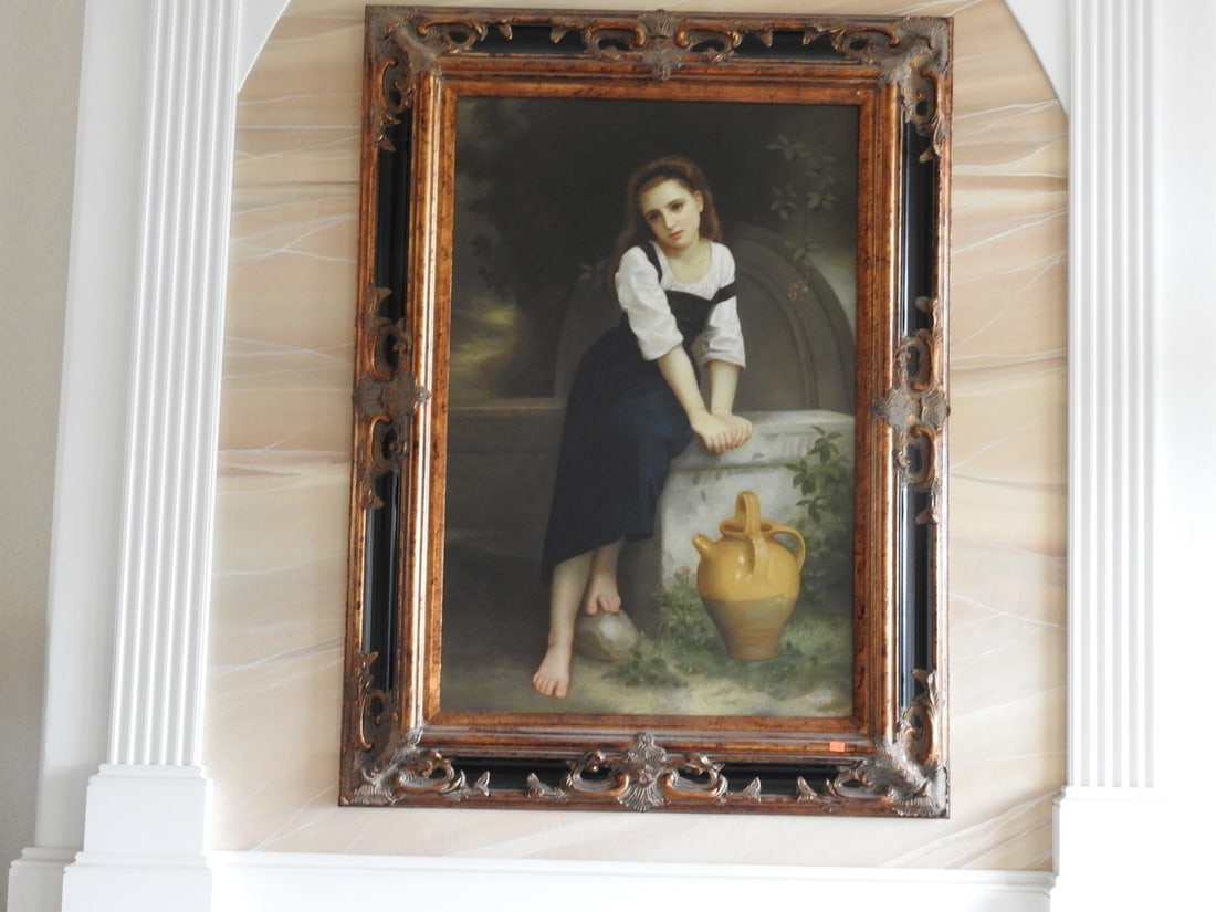 “Orphan by the Fountain?? Framed Oil on Canvas: Framed oil on canvas / repaint titled Orphan by the Fountain, depicting a seated figure with urn in an ornate frame. Approx. 43 x 36 x 3 in.