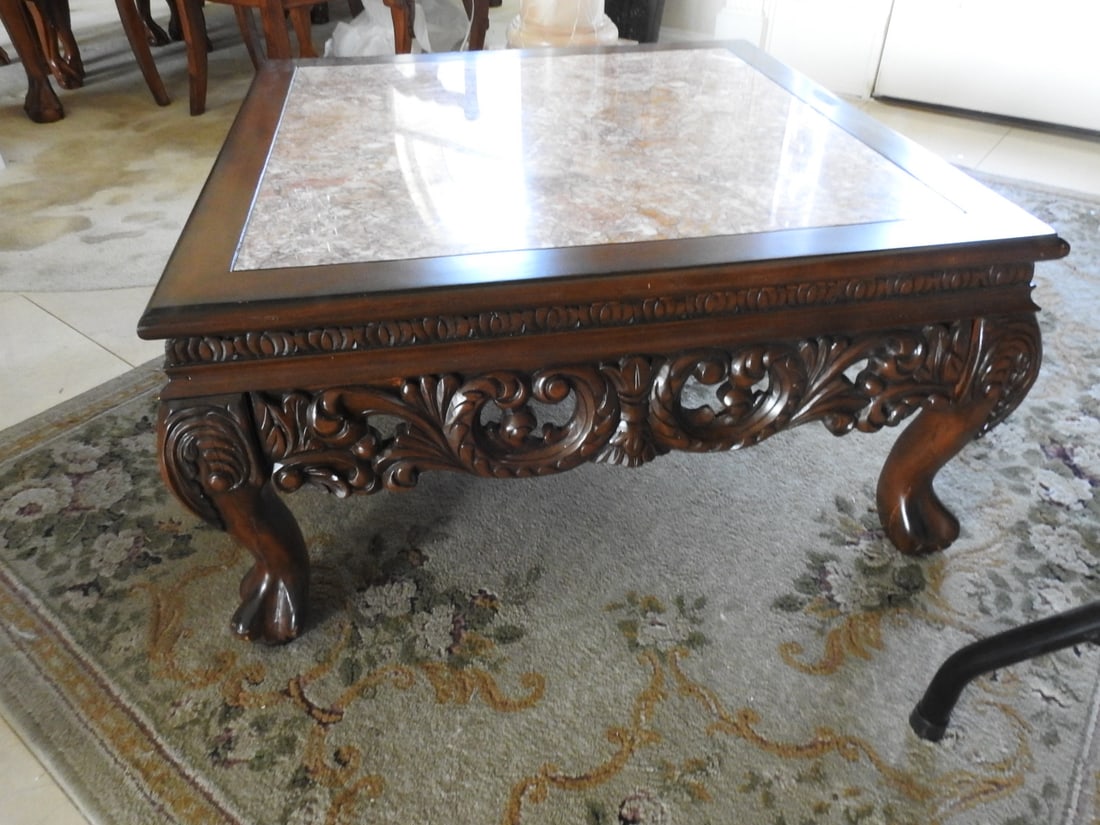 Rococo Style Marble Top Coffee Table: Vintage Rococo style coffee table with Breccia Pernice marble top, carved mahogany wood frame, cabriole legs, and ornate carved detail. Approx. 18 x 34.5 x 34.5 in.
