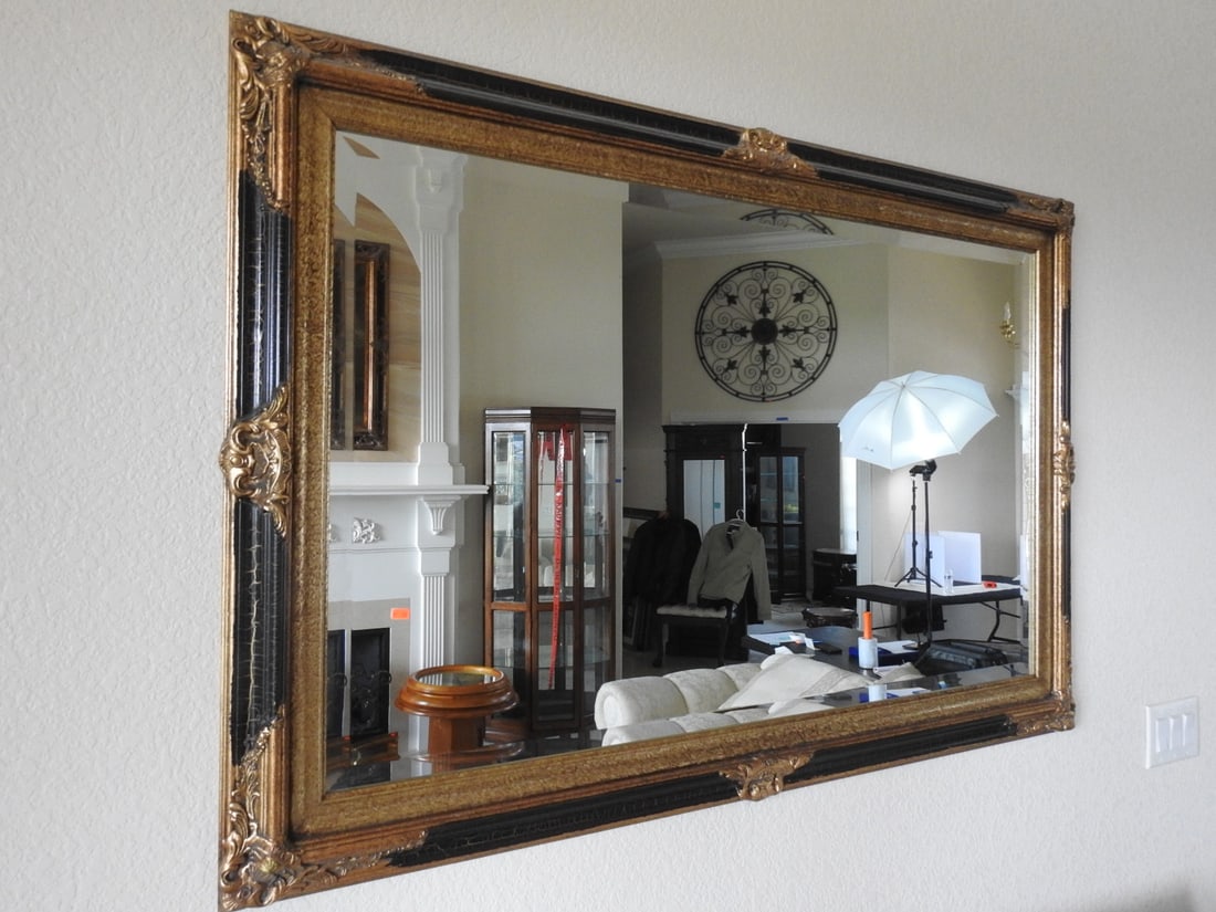 Large Baroque Rococo Style Pebbled Glass Mirror: Large Baroque/Rococo style wall mirror with wood frame, gilt ornament, and pebbled glass mirror panel. Approx. 39 x 57 x 3 in.