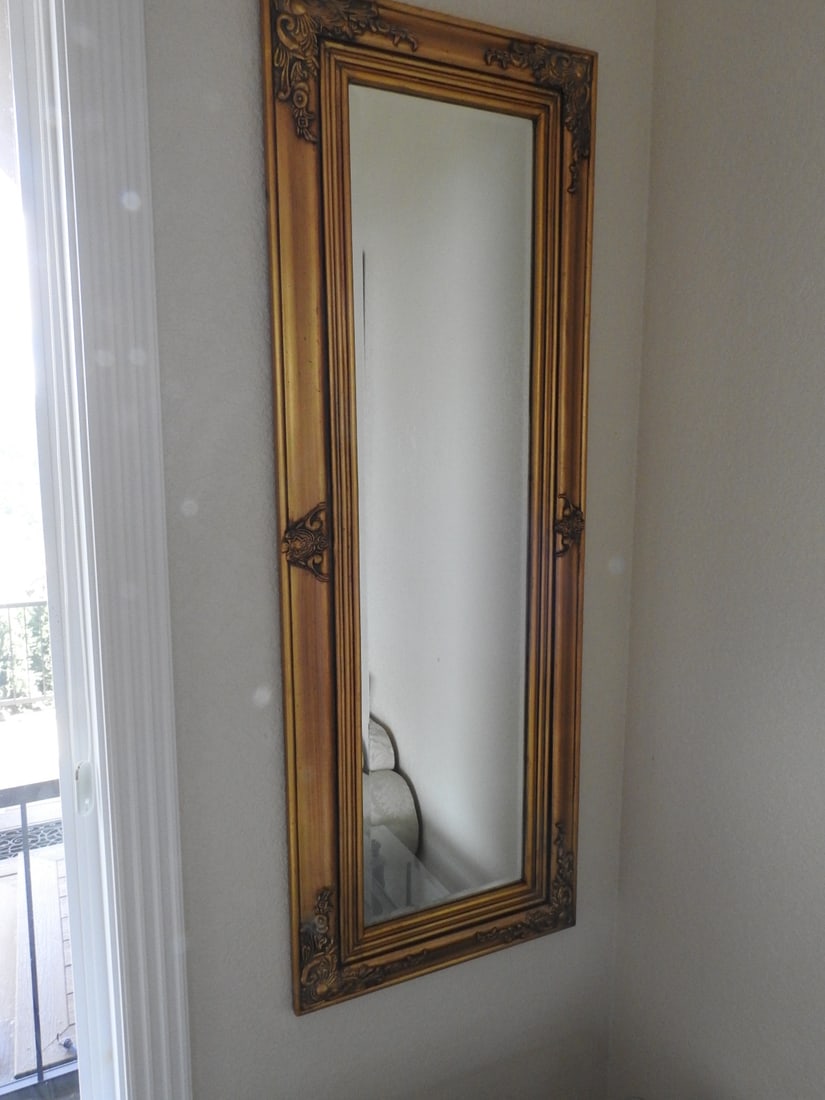 Narrow Baroque Rococo Style Pebbled Glass Mirror: Tall narrow Baroque/Rococo style wall mirror with wood frame, gilt ornament, and pebbled glass mirror panel. Approx. 56 x 21 x 3 in.